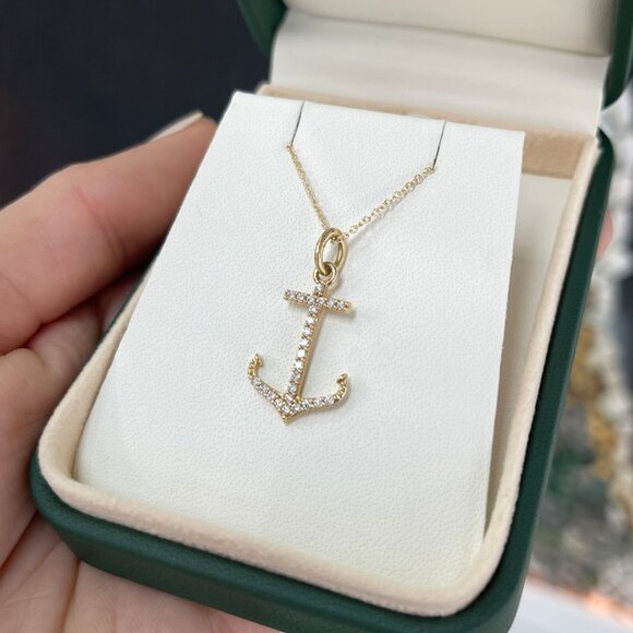 0.45tcw 14K Diamond Anchor Pendant Necklace, Pave Gold Anchor Necklace - Picture 4 of 7